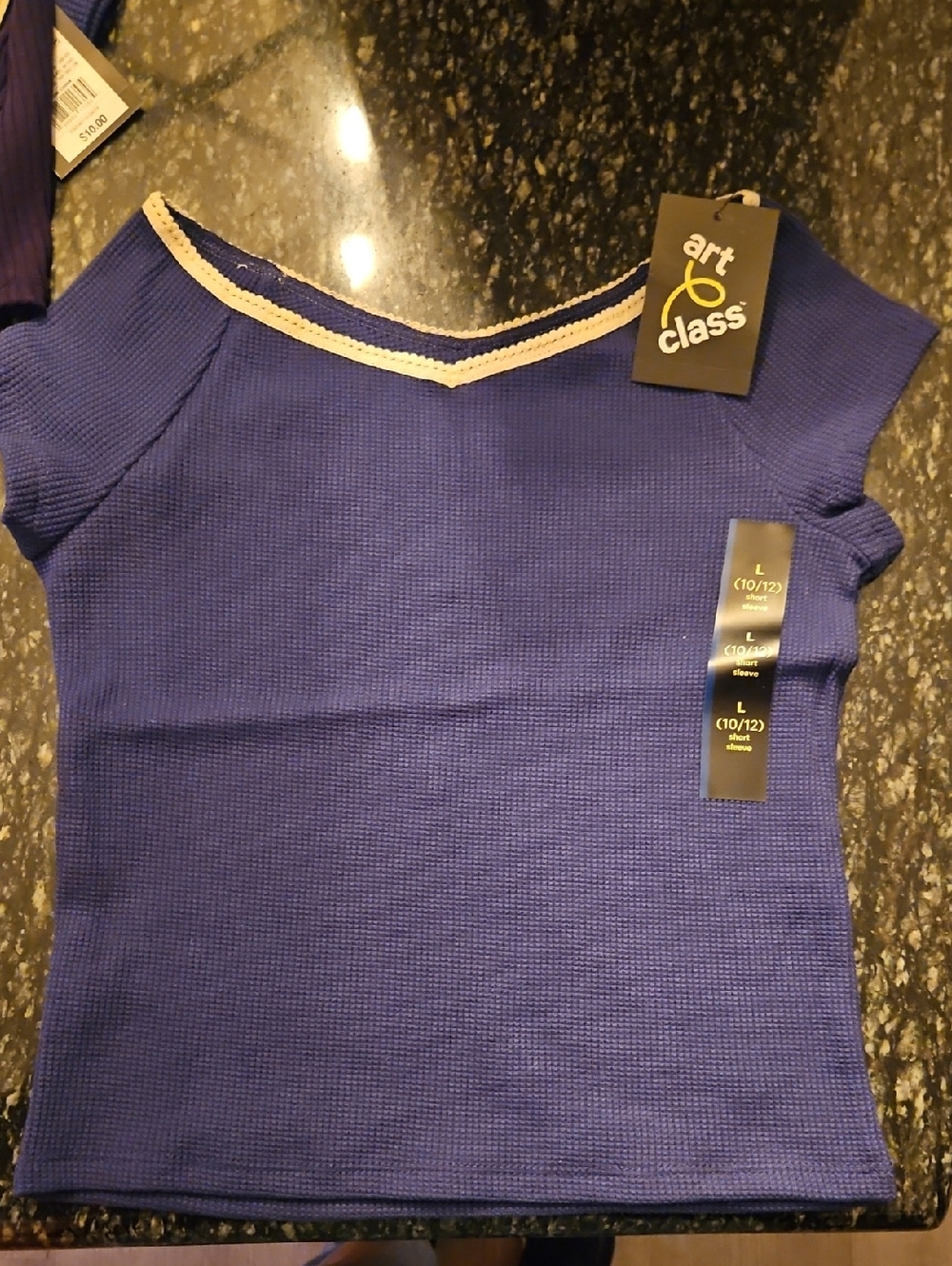art class Royal Blue Short Sleeve Knit Top with Cream Trim